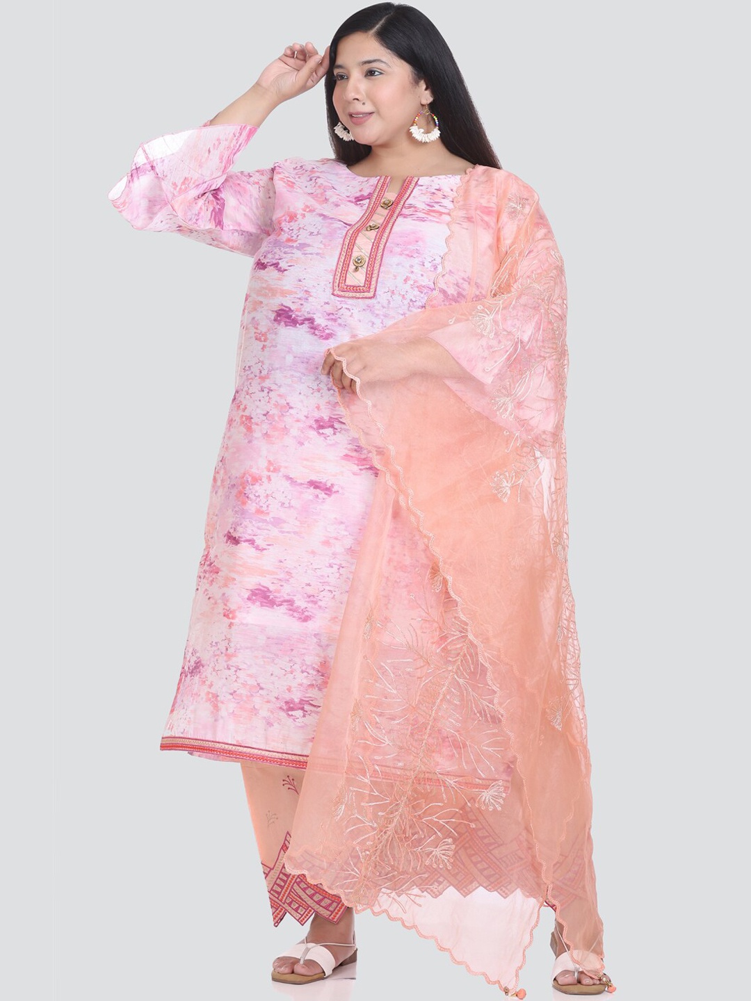 

Elthia Plus Size Pure Silk Straight Kurta With Palazzos & Dupatta, Pink