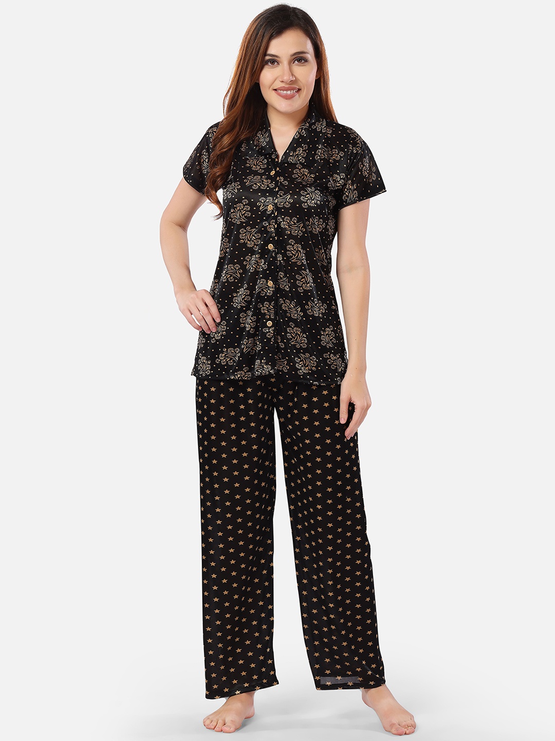 

Romaisa Printed Satin Night suit, Black