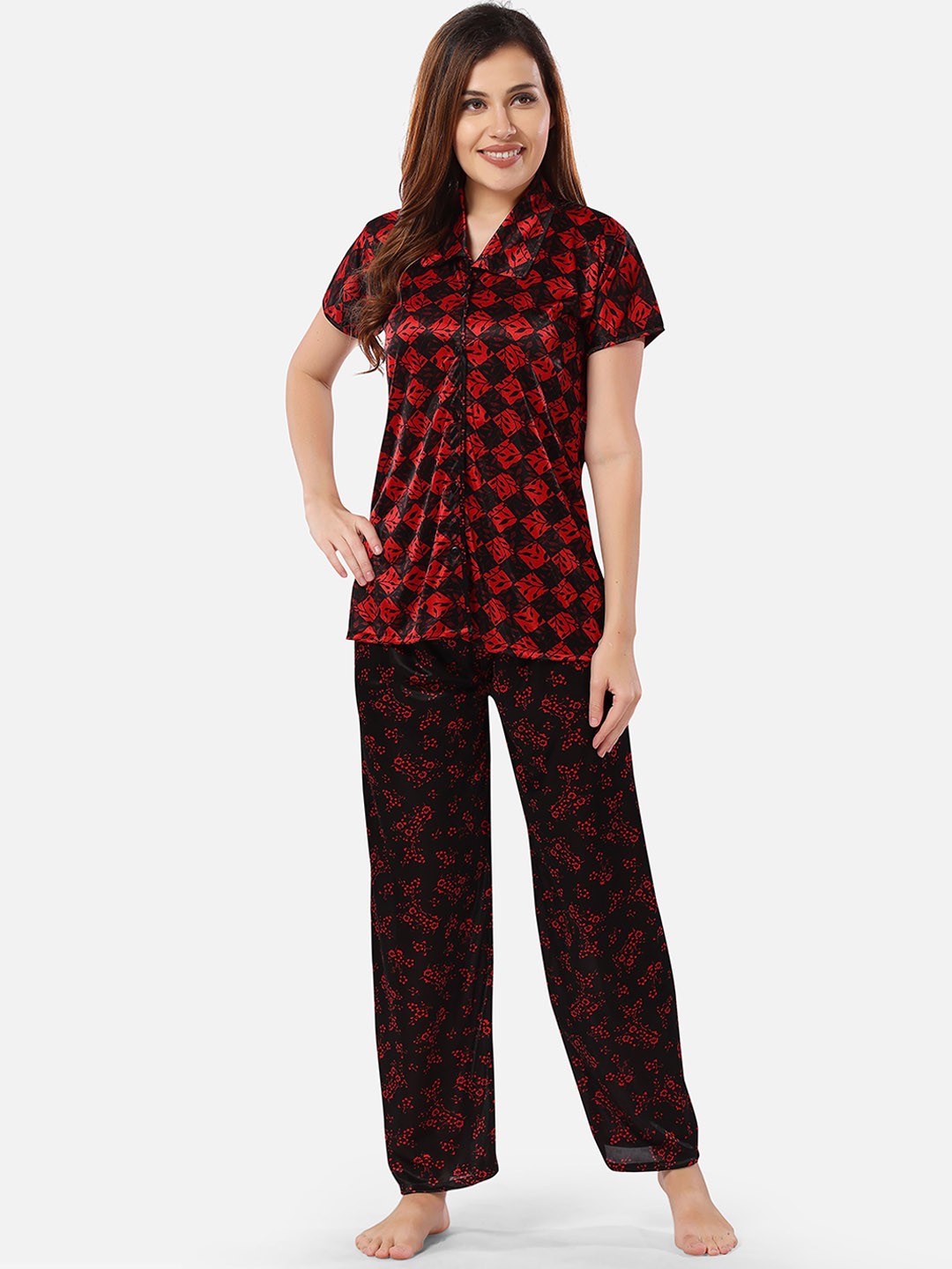

Romaisa Printed Satin Night suit, Red