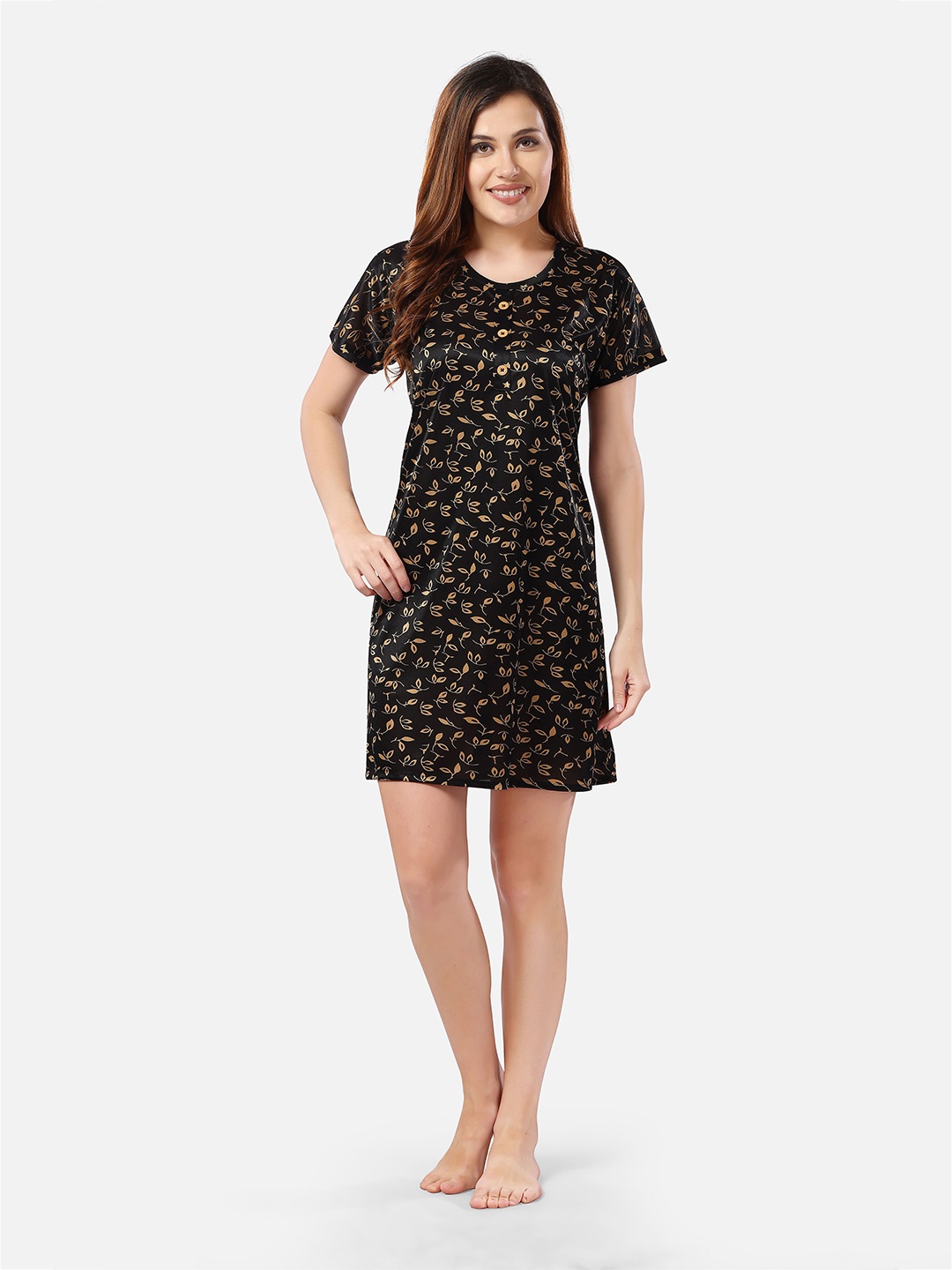 

Romaisa Floral Printed Round Neck Satin Nightdress, Black