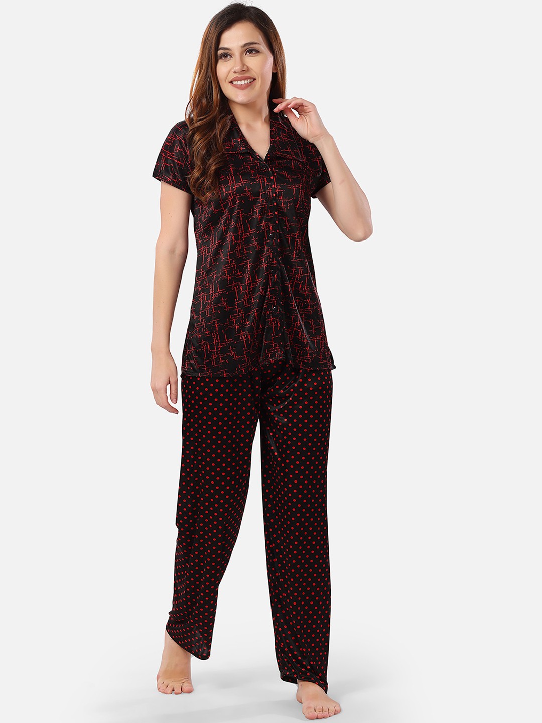 

Romaisa Abstract Printed Satin Night suit, Red