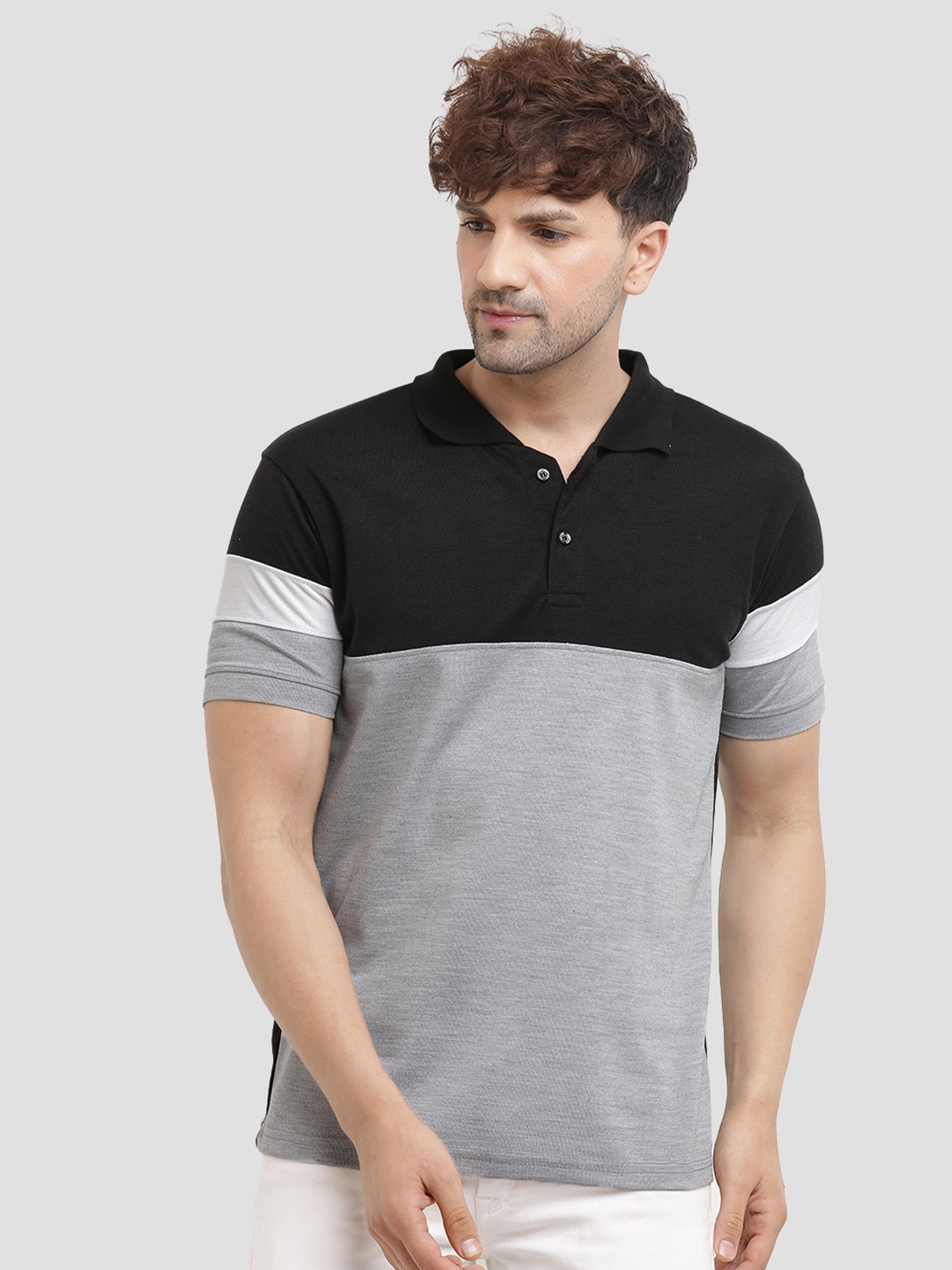

Leotude Colourblocked Polo Collar Casual T-shirt, Black