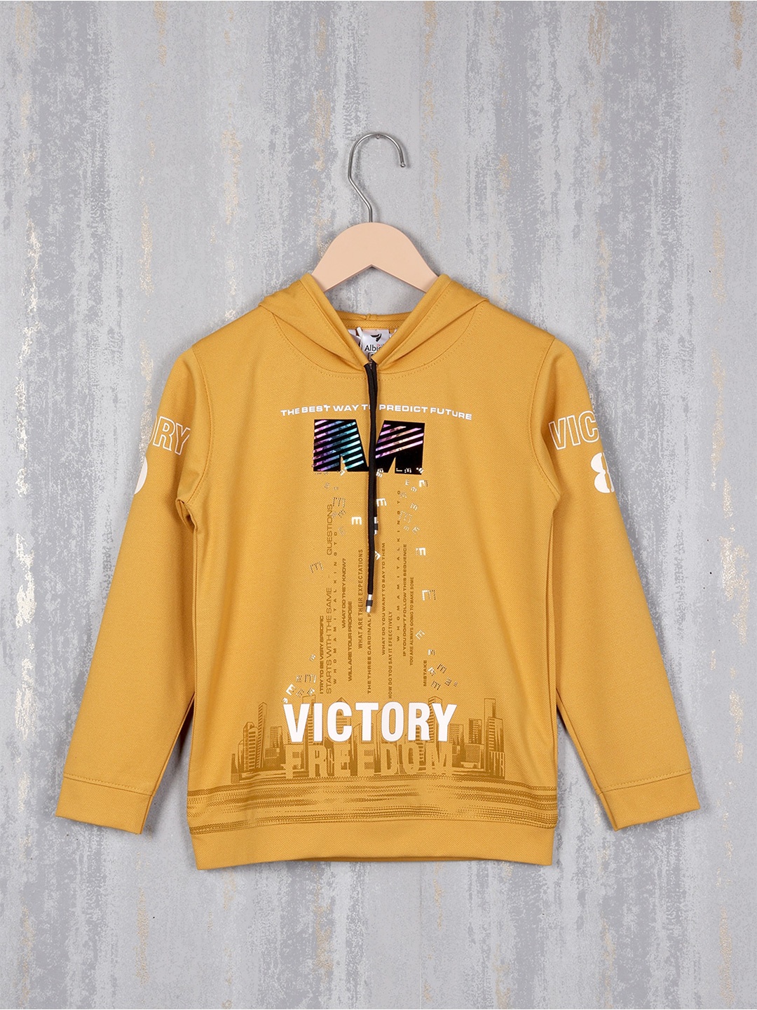 

Steele Boys Typography Printed Hooded Pullover, Mustard