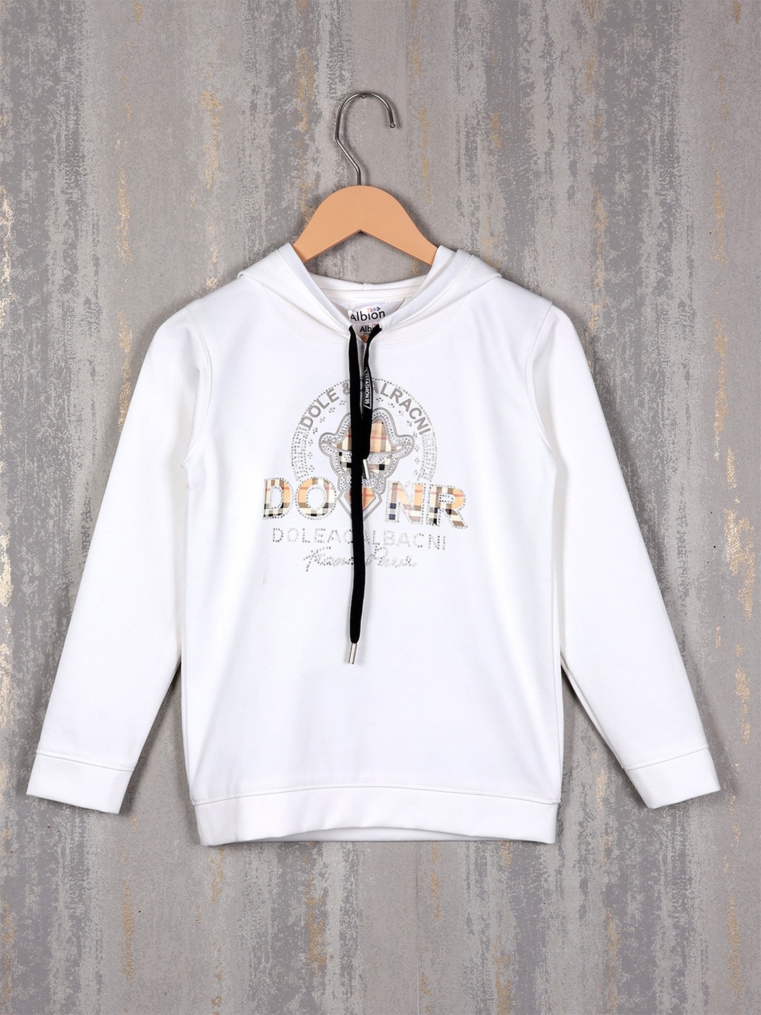 

Albion Boys Typography Printed Embellished Detail Hooded Cotton Pullover Sweatshirt, White