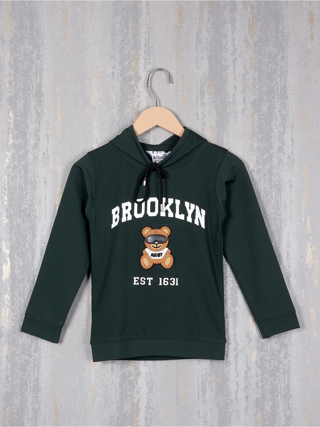 

Albion Boys Typography Printed Hooded Cotton Pullover Sweatshirt, Green