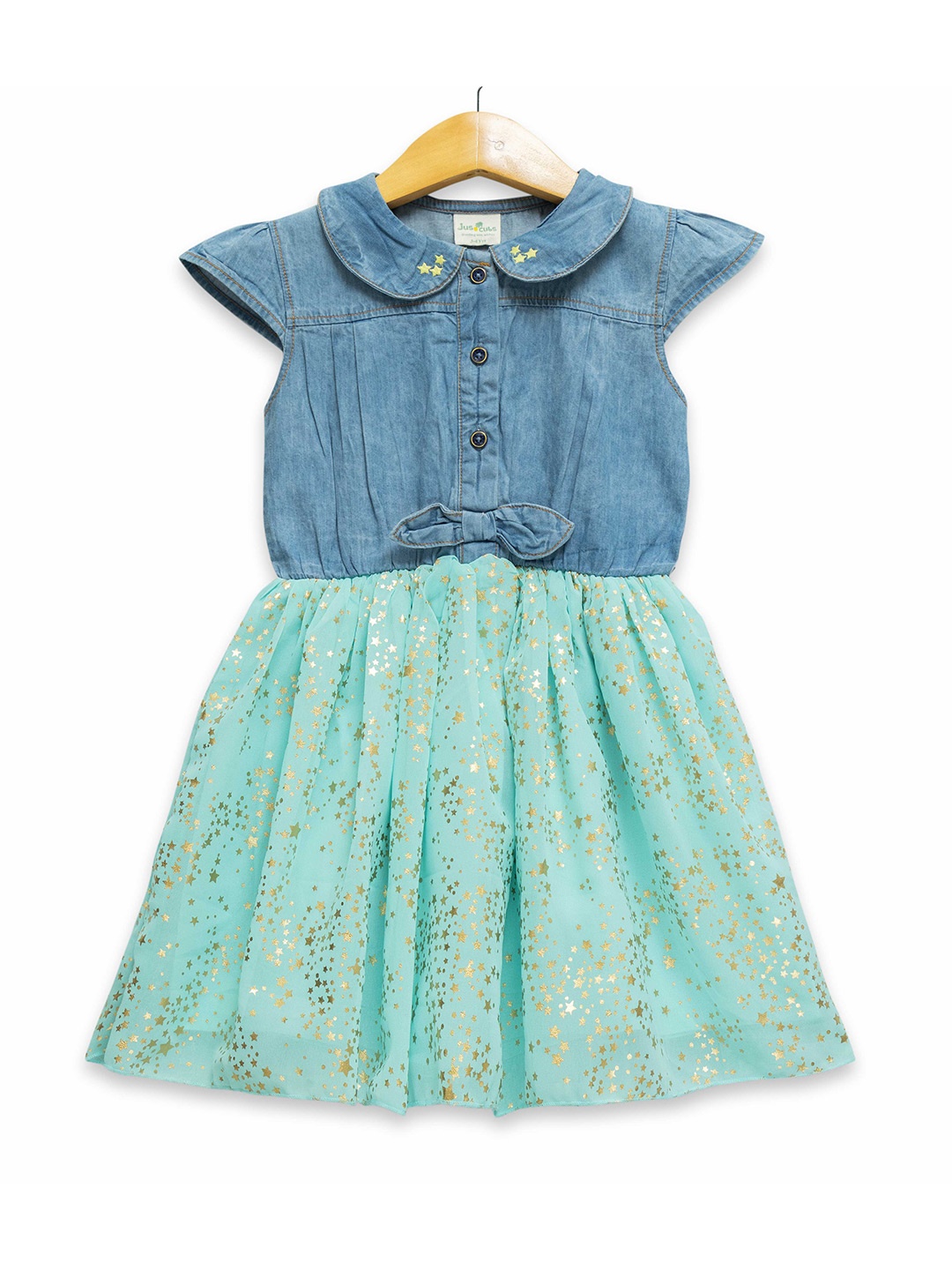 

JusCubs Floral Peter Pan Collar Denim Fit & Flare Dress, Green