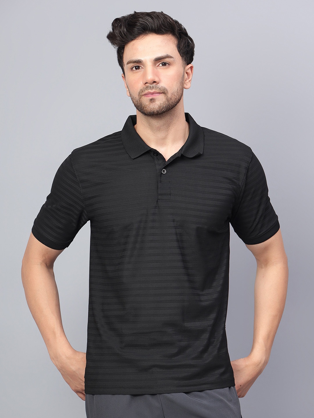 

Shiv Naresh Rapid-Dry Striped Polo Collar Regular Fit Casual T-Shirt, Black