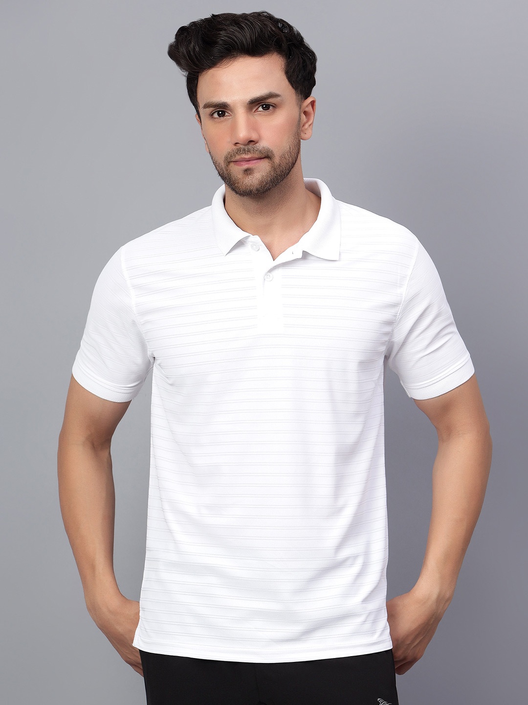 

Shiv Naresh Rapid-Dry Striped Polo Collar Regular Fit Casual T-Shirt, White
