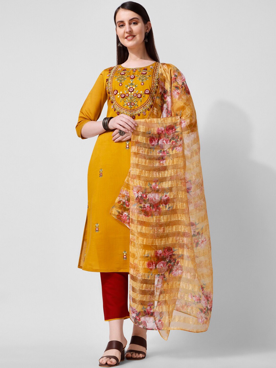 

KALINI Floral Embroidered Regular Chanderi Cotton Kurta With Trousers & Dupatta, Mustard