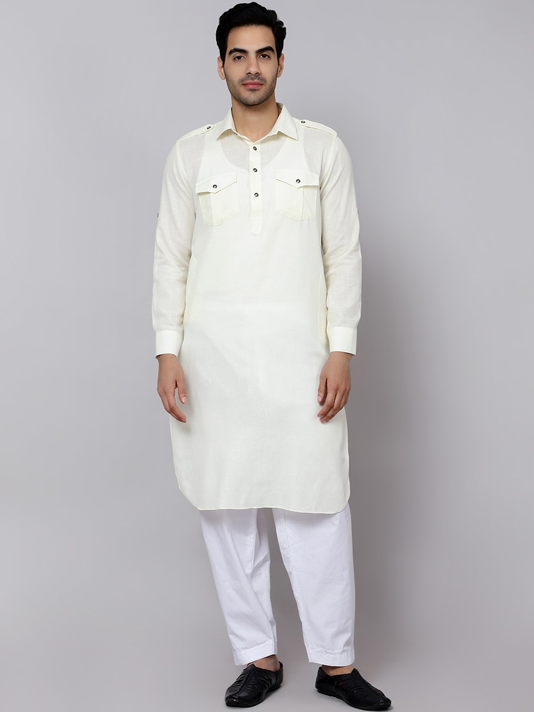 

Sultan The King Of Kurta Roll Up Sleeves Cotton Pathani Kurta, Cream