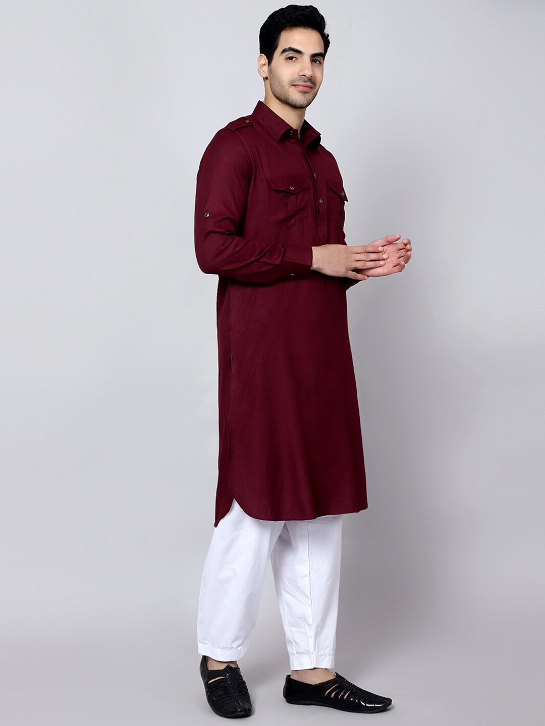

Sultan The King Of Kurta Roll Up Sleeves Cotton Pathani Kurta, Red