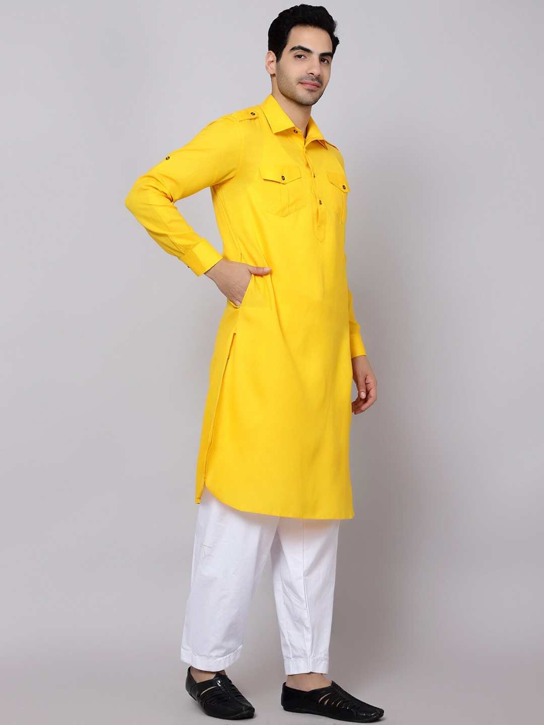 

Sultan The King Of Kurta Roll Up Sleeves Cotton Pathani Kurta, Mustard