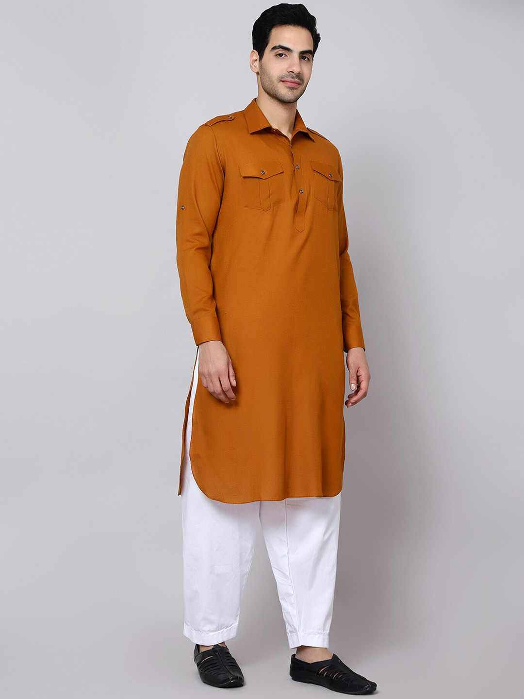

Sultan The King Of Kurta Roll Up Sleeves Cotton Pathani Kurta, Rust
