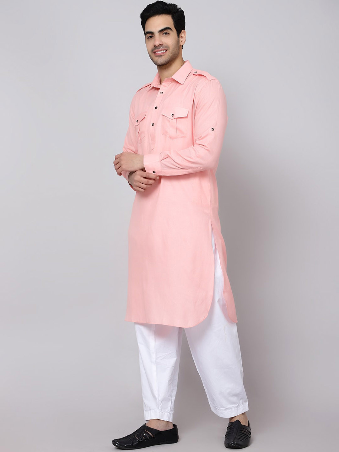 

Sultan The King Of Kurta Roll Up Sleeves Cotton Pathani Kurta, Peach