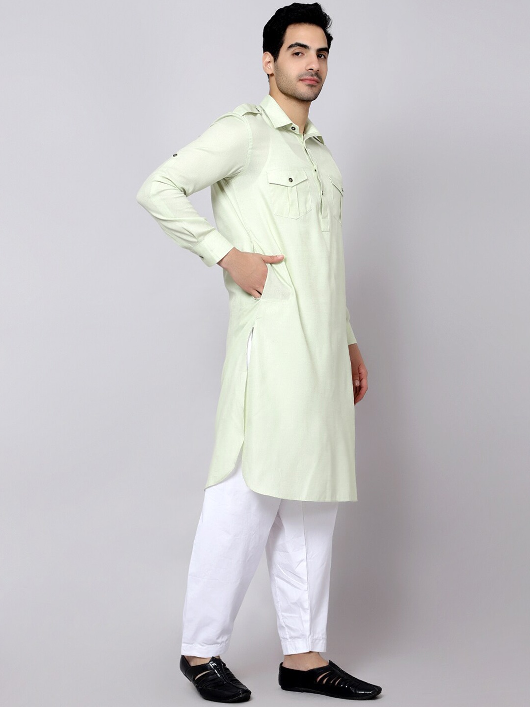 

Sultan The King Of Kurta Shirt Collar Roll-Up Sleeves Pathani Kurta, Green