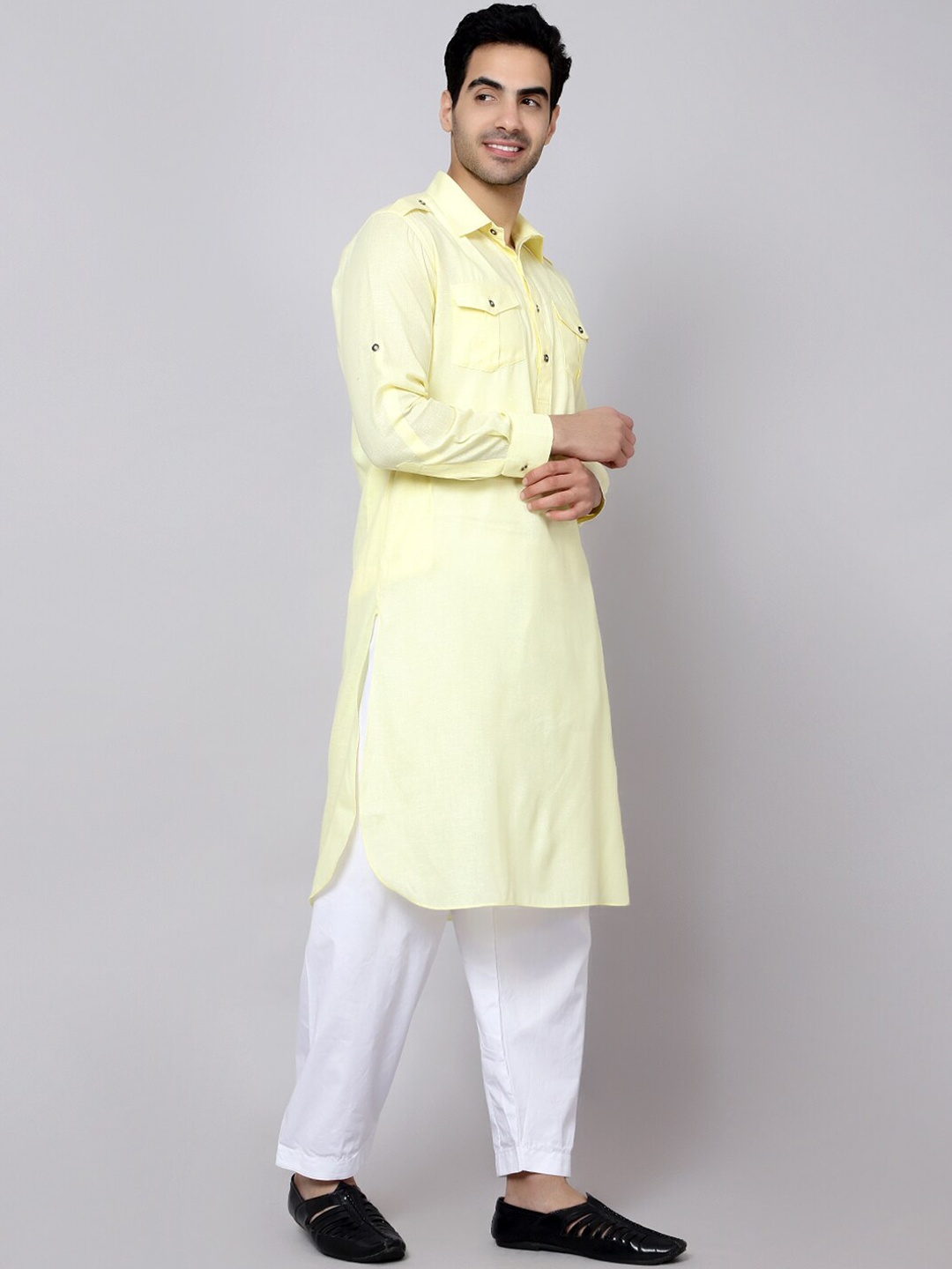 

Sultan The King Of Kurta Roll Up Sleeves Cotton Pathani Kurta, Yellow