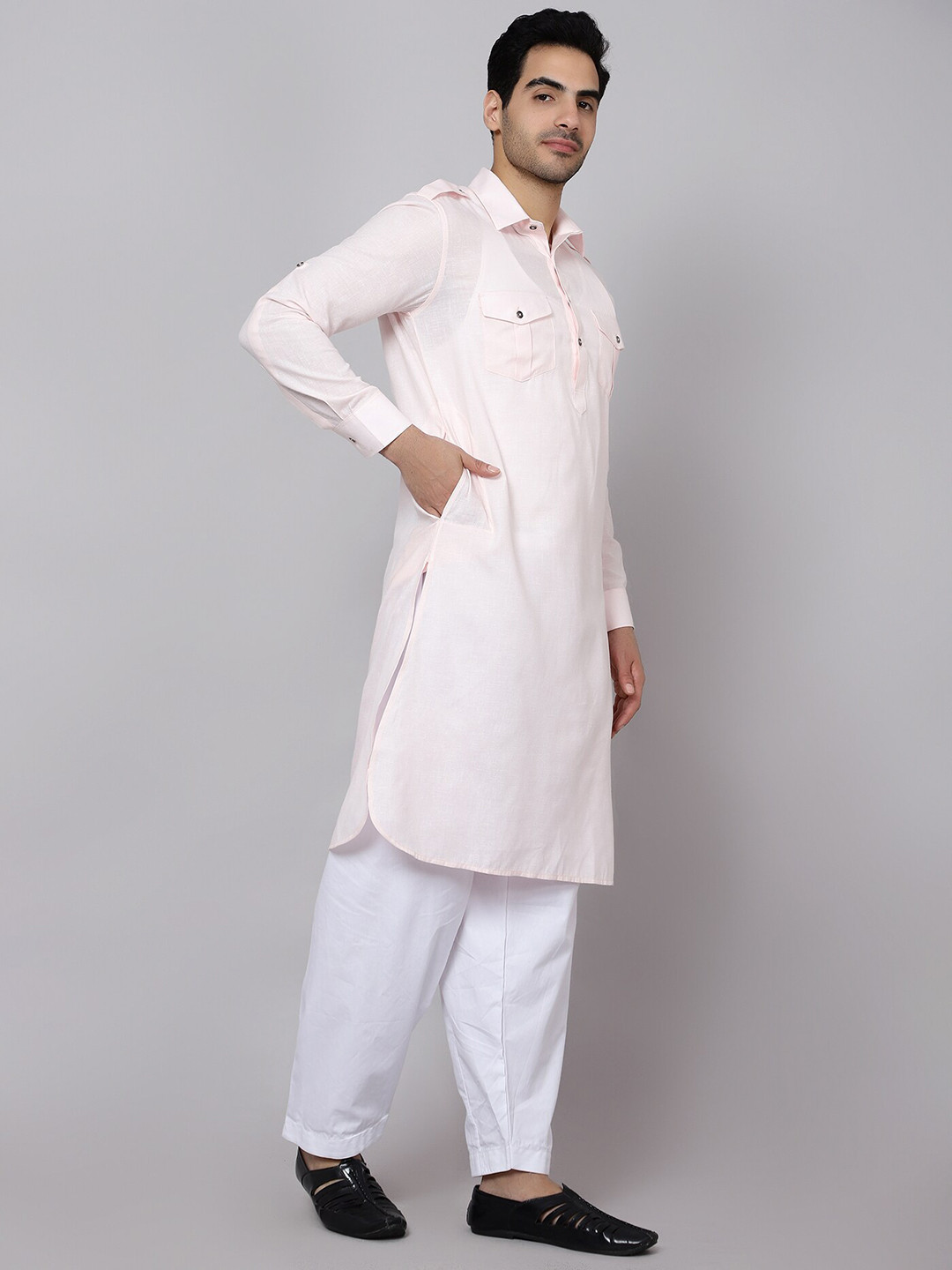 

Sultan The King Of Kurta Shirt Collar Roll-Up Sleeves Pathani Kurta, Pink