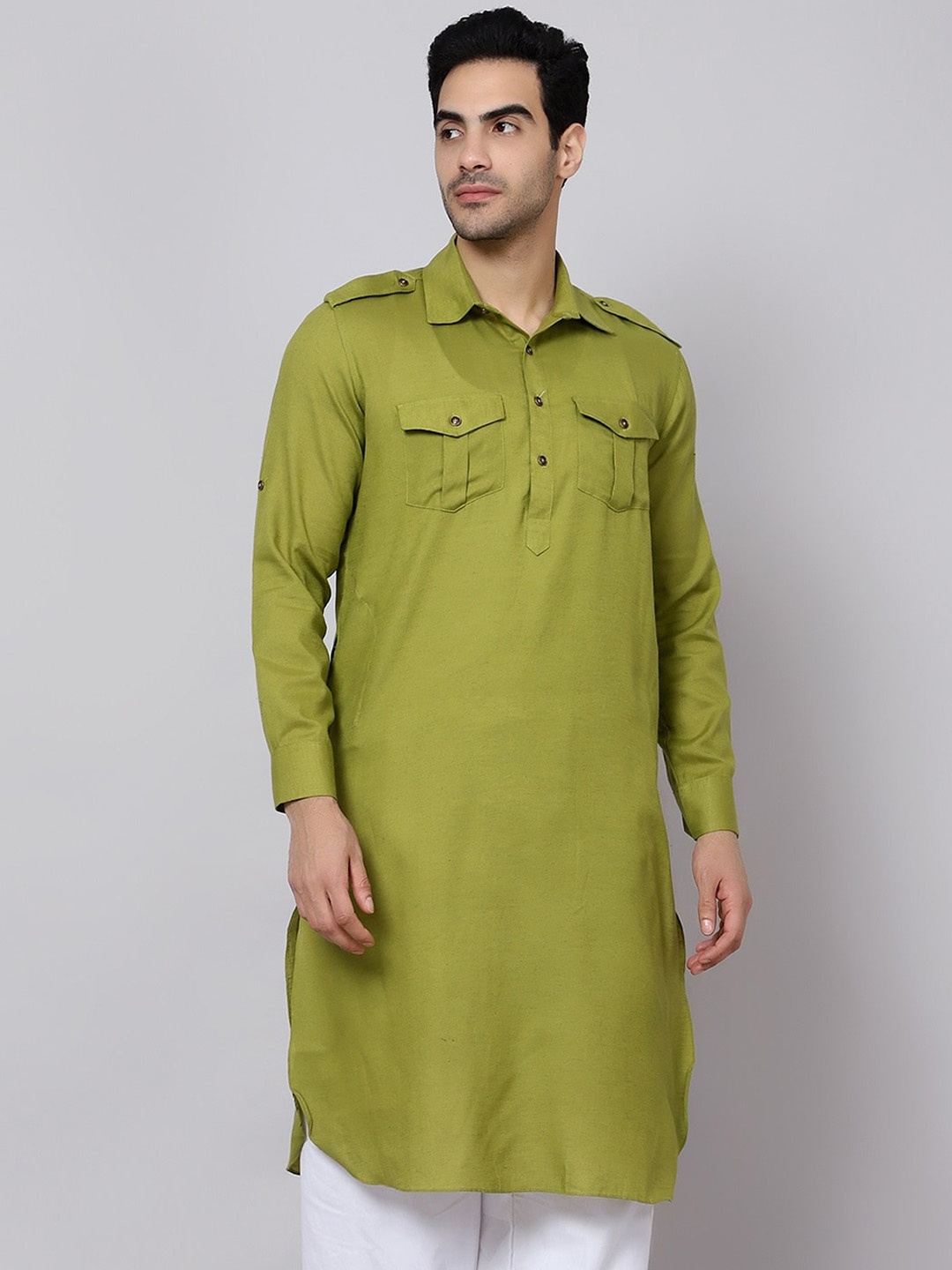 

Sultan The King Of Kurta Shirt Collar Roll-Up Sleeves Pathani Kurta, Olive