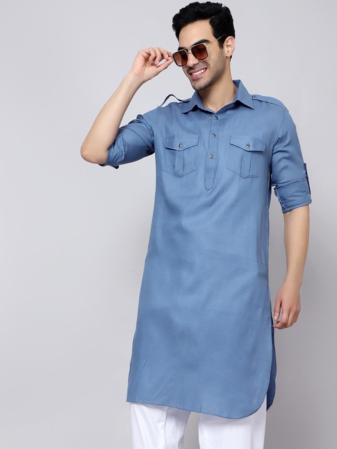 

Sultan The King Of Kurta Roll Up Sleeves Cotton Pathani Kurta, Blue