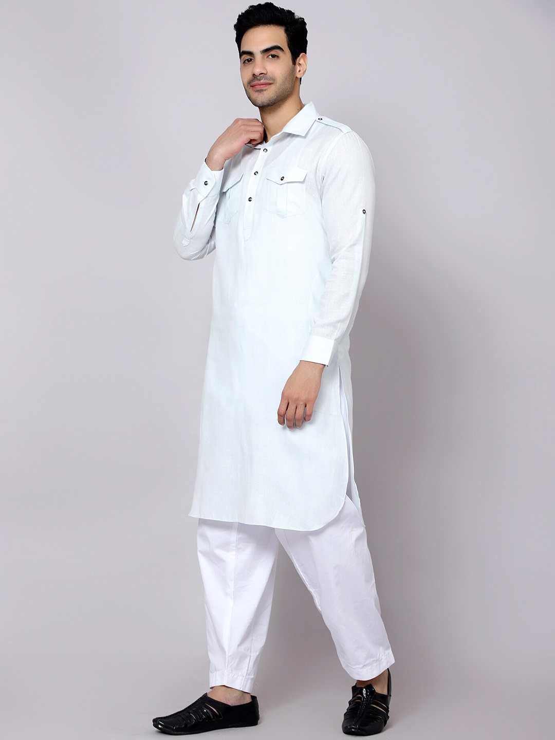 

Sultan The King Of Kurta Shirt Collar Roll-Up Sleeves Pathani Kurta, Blue