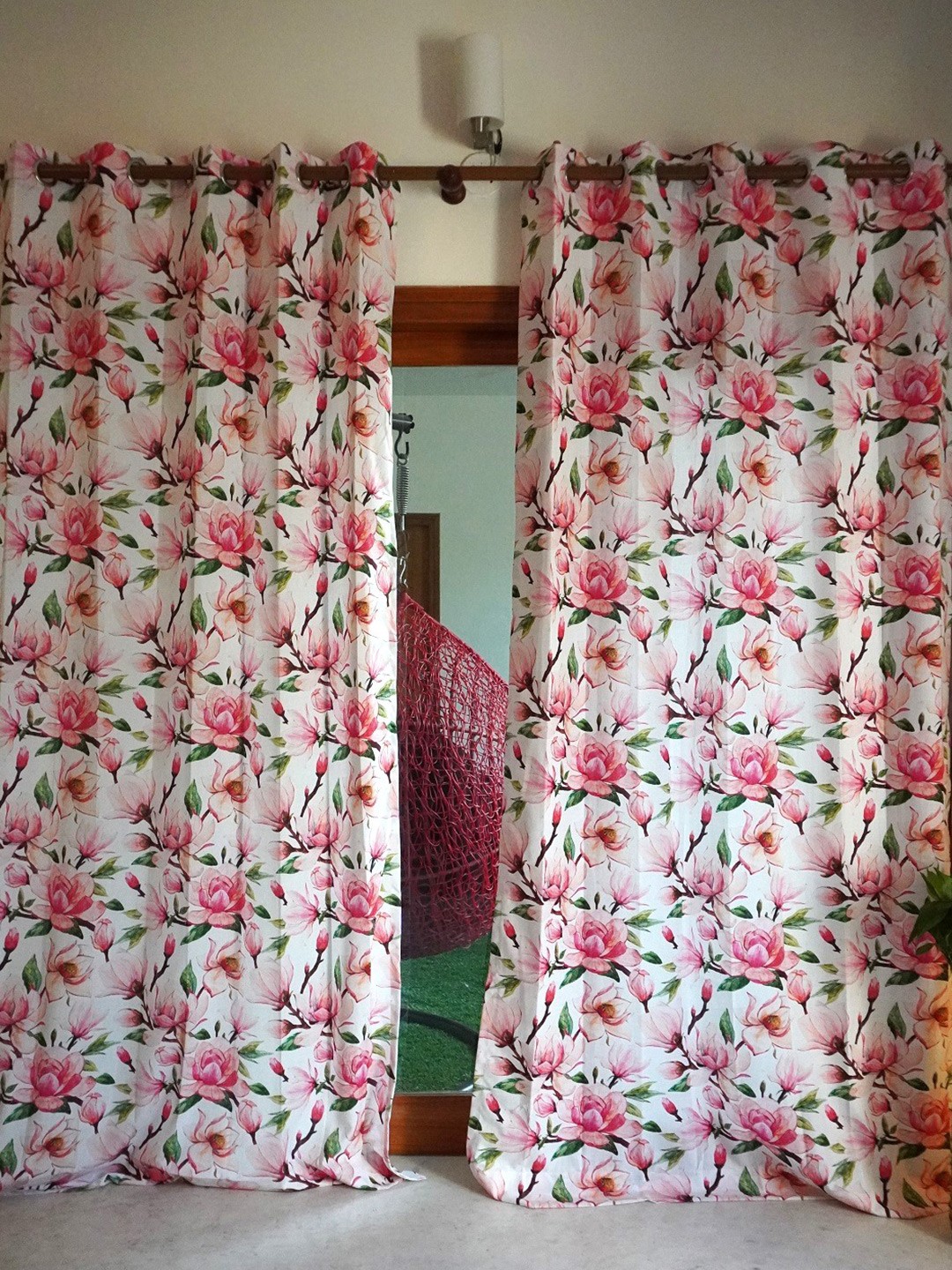

TARA- Sparkling Homes Magnolia Trails White & Pink Floral Linen Long Door Curtain