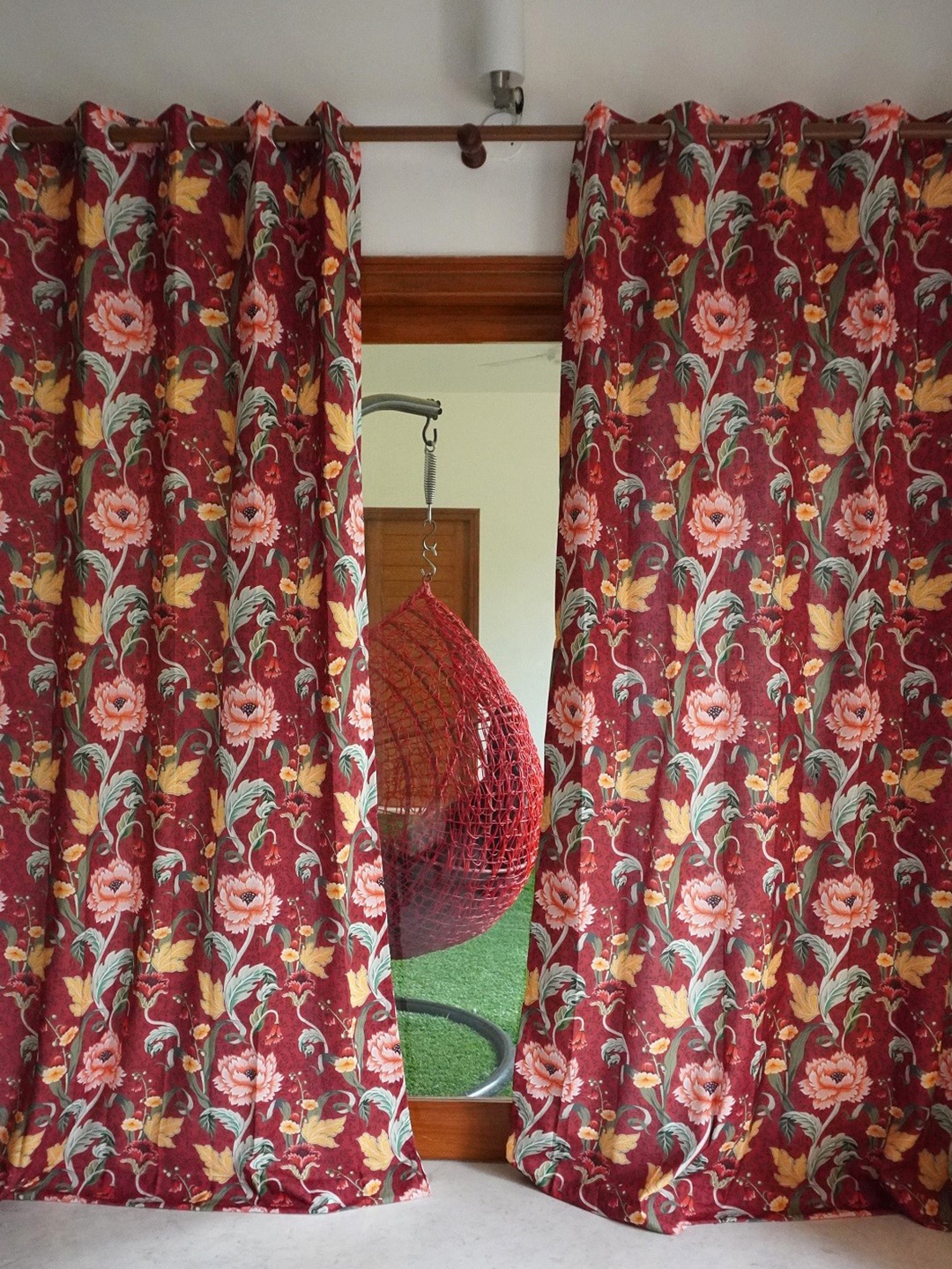 TARA- Sparkling Homes Red & Pink Floral Linen Door Curtain