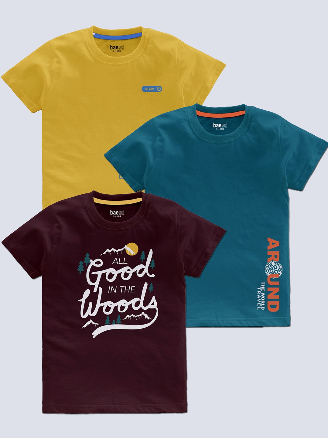 

BAESD Boys Pack Of 3 Typography Printed Round Neck Regular T-shirt, Yellow