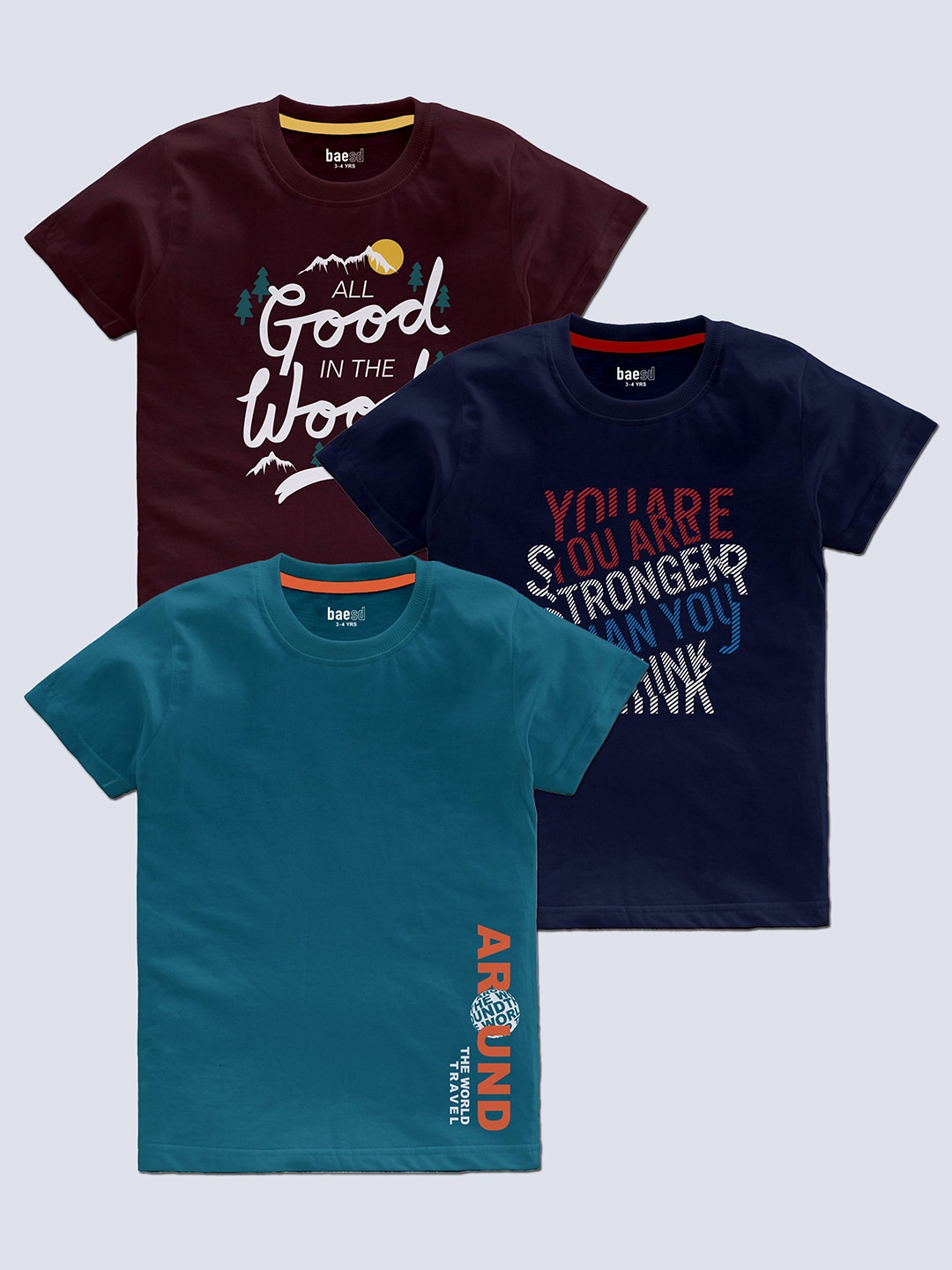 BAESD Boys Pack Of 3 Typography Printed Round Neck Regular T-shirt, Brown