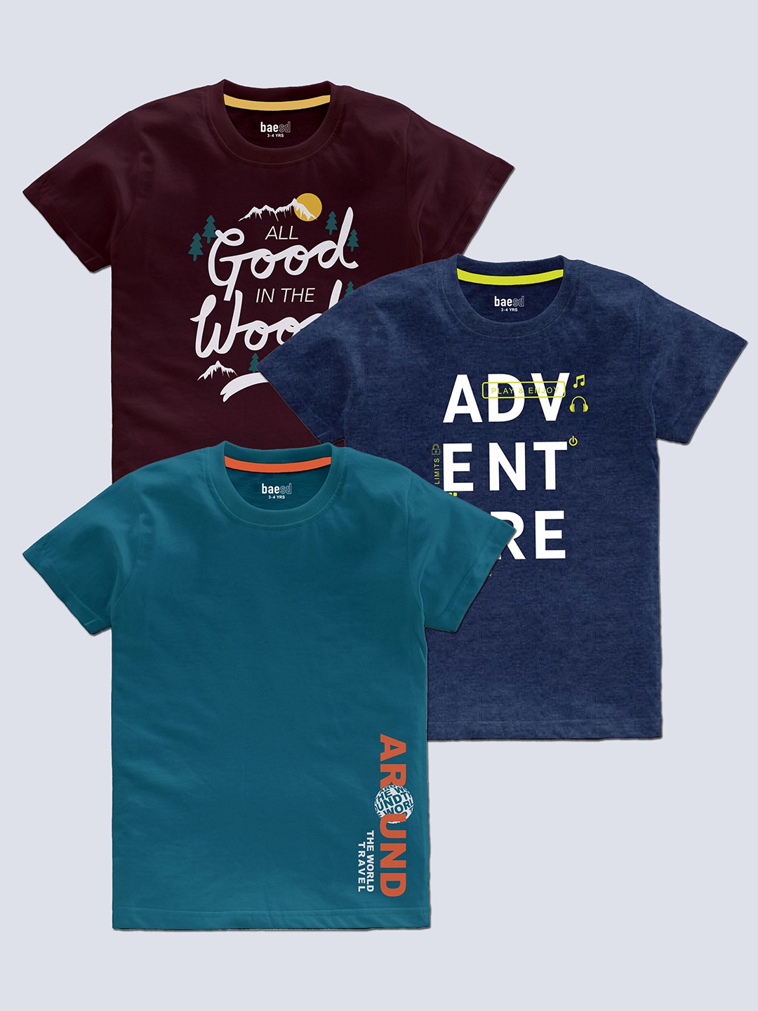 

BAESD Boys Pack Of 3 Typography Printed Round Neck Regular T-shirt, Brown
