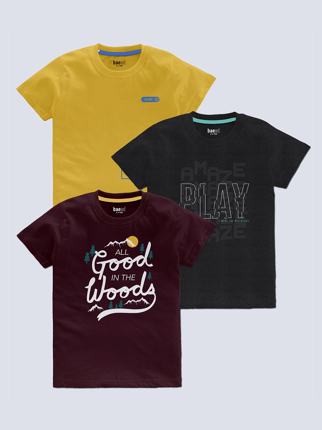 BAESD Boys Pack Of 3 Typography Printed Round Neck Regular T-shirt, Yellow