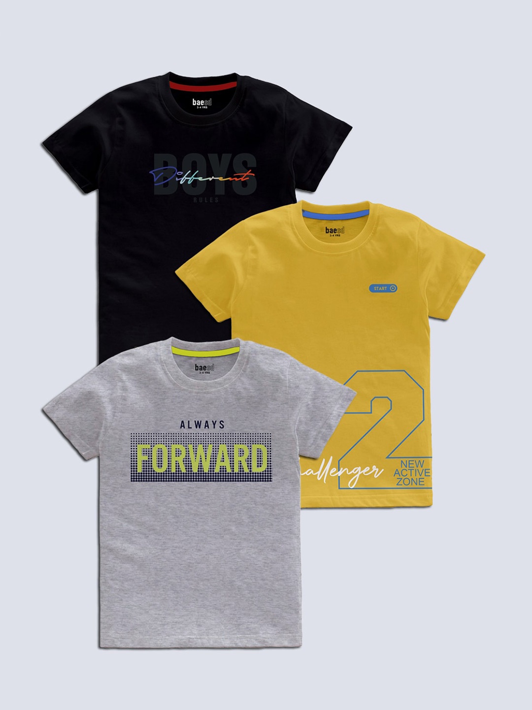 

BAESD Boys Pack Of 3 Typography Printed T-shirt, Yellow