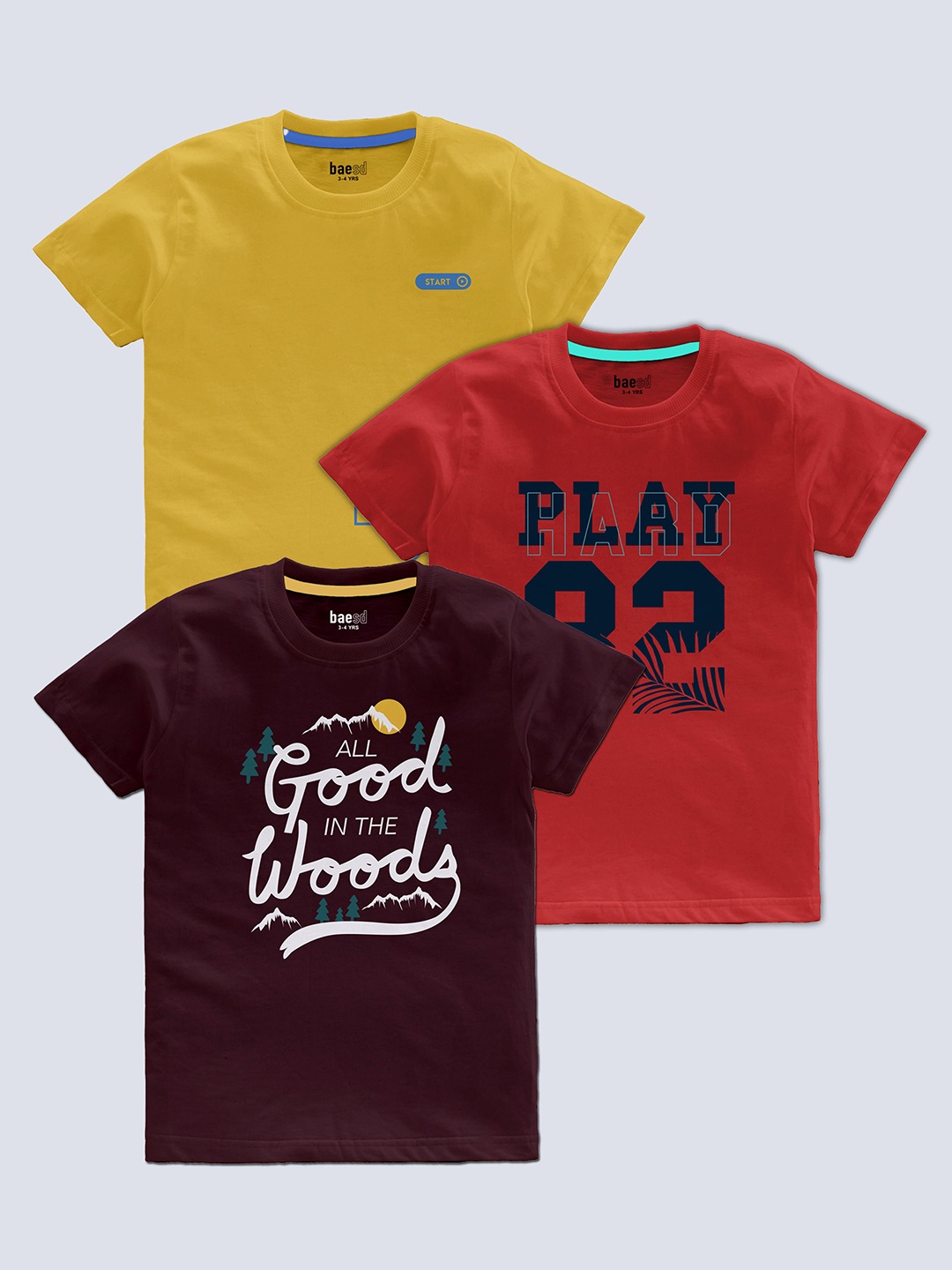 

BAESD Boys Pack Of 3 Typography Printed Round Neck Regular T-shirt, Yellow
