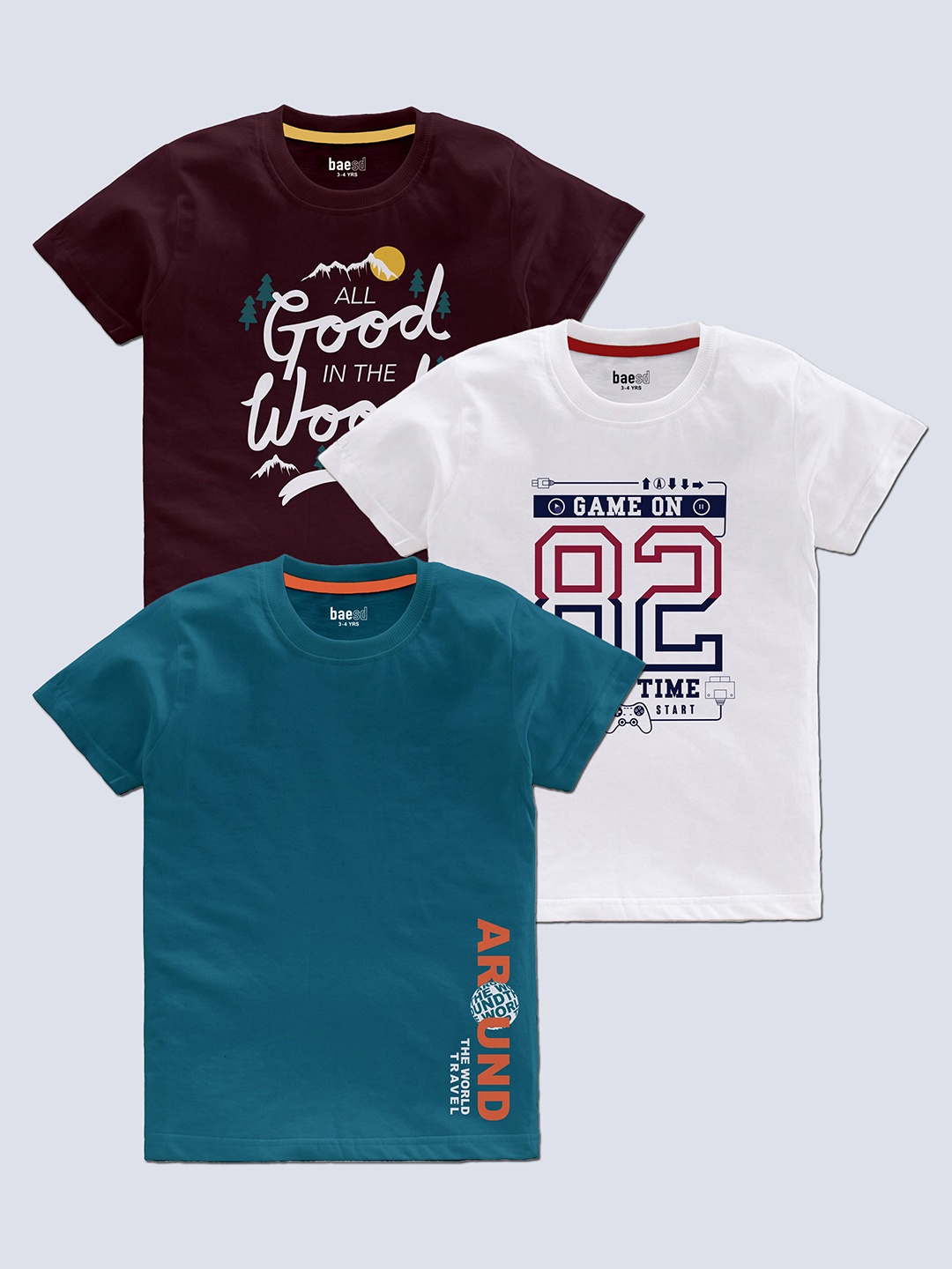 

BAESD Boys Pack Of 3 Typography Printed Round Neck Regular T-shirt, Brown