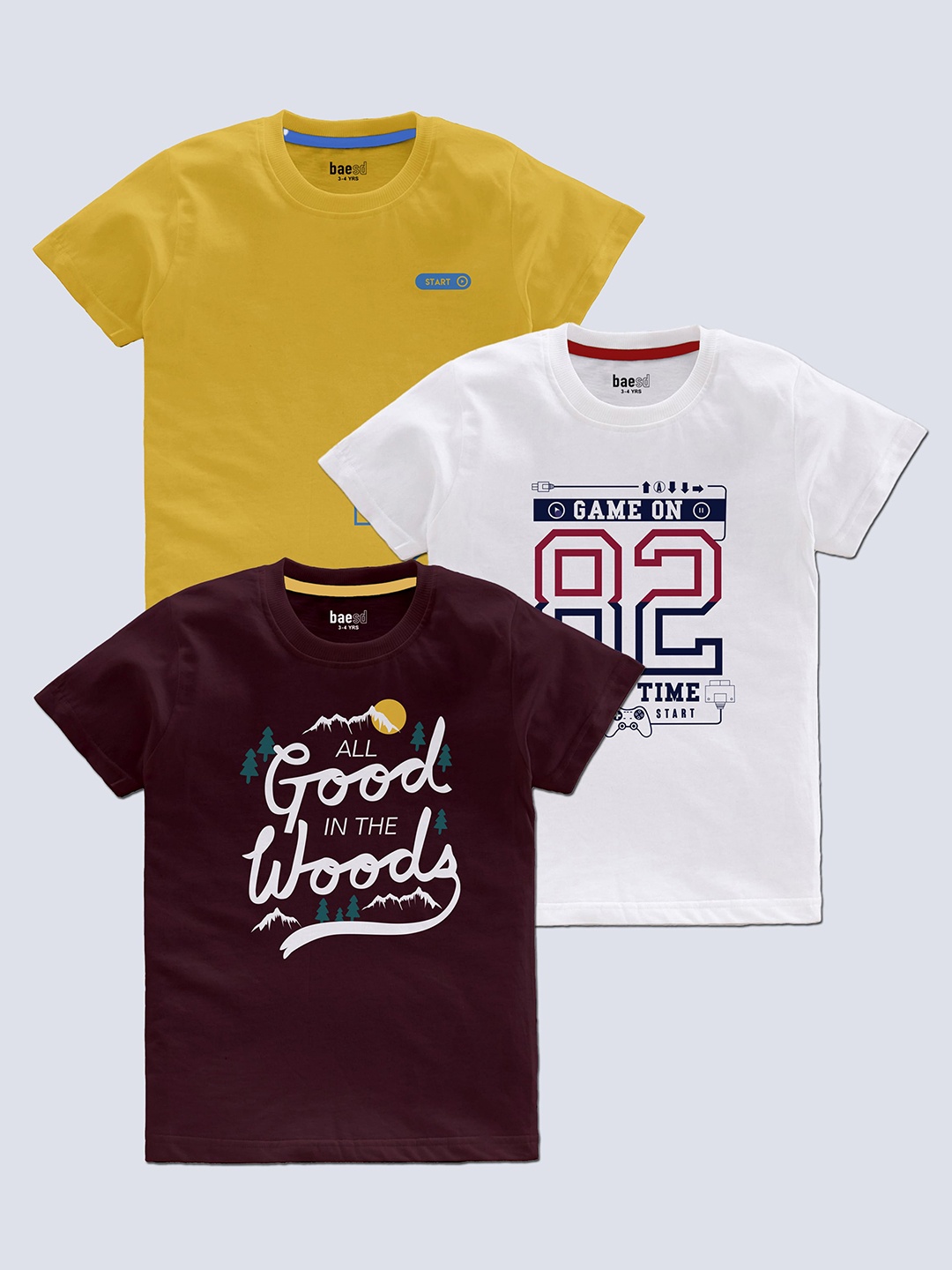 

BAESD Boys Pack Of 3 Typography Printed Round Neck Regular T-shirt, Yellow