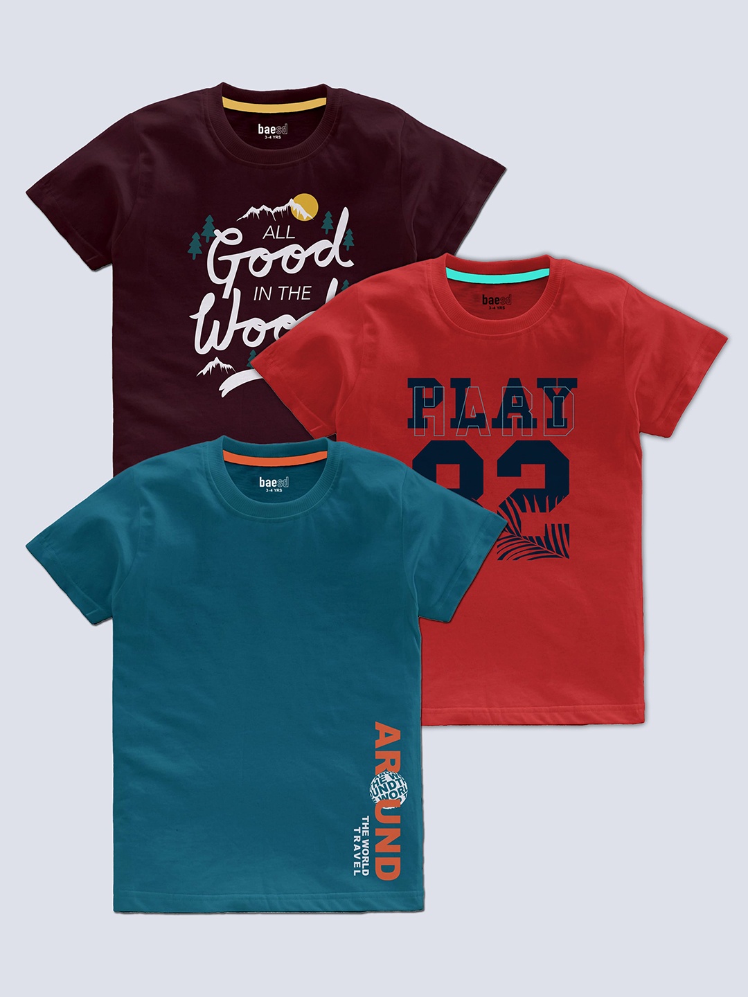 

BAESD Boys Pack Of 3 Typography Printed Round Neck Regular T-shirt, Brown