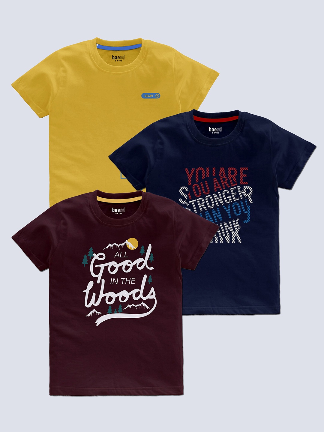 

BAESD Boys Pack Of 3 Typography Printed Round Neck Regular T-shirt, Yellow