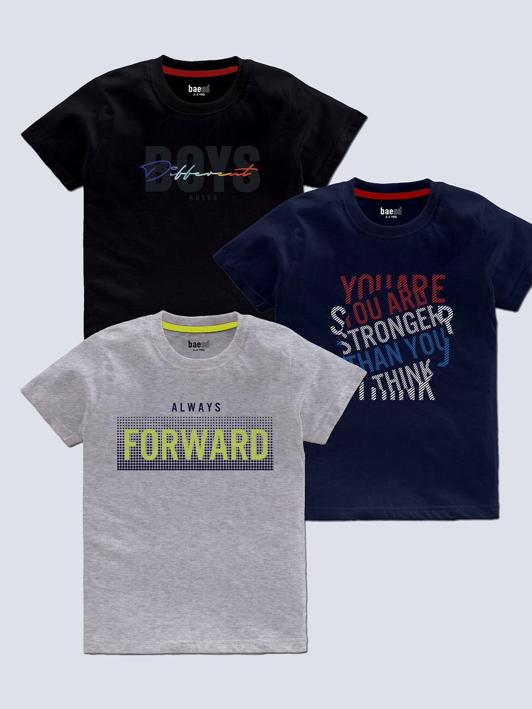 BAESD Boys Pack Of 3 Typography Printed Round Neck Regular T-shirt, Black
