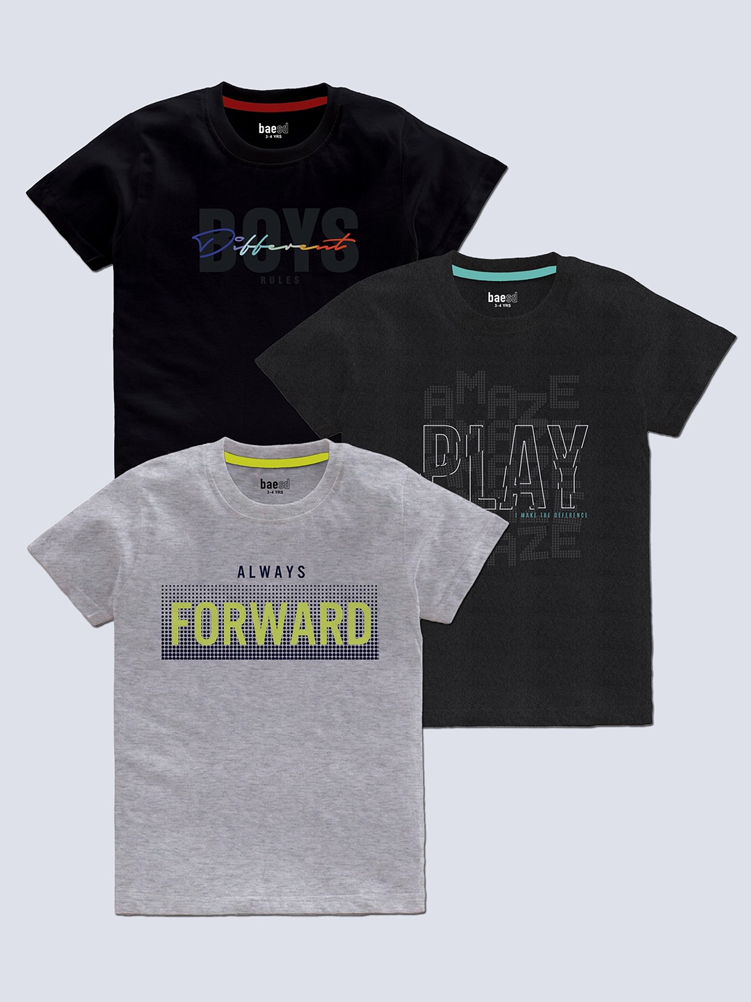 BAESD Boys Pack Of 3 Typography Printed Round Neck Regular T-shirt, Black