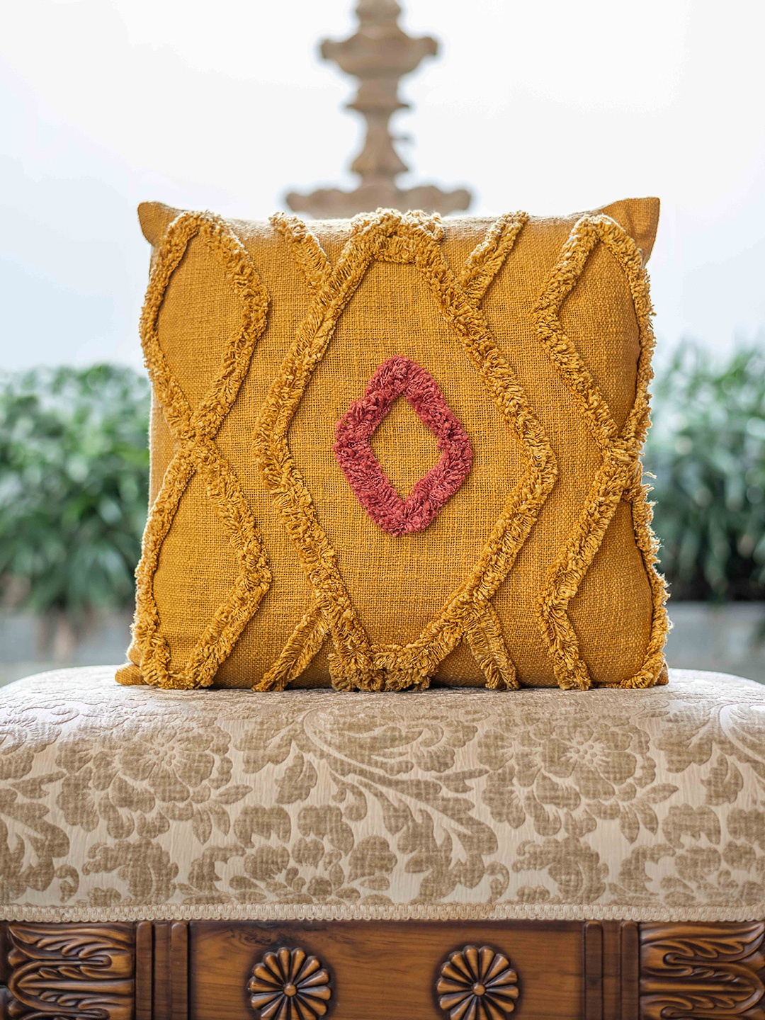 

CURIOUS LIFESTYLE Yellow & Pink Self Design Cotton Square Cushion Cover
