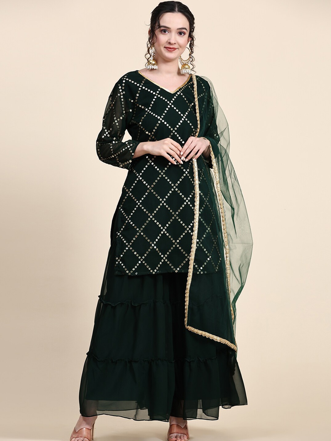 

BLACK SCISSOR Regular Mirror Work Kurta With Sharara & Dupatta, Green