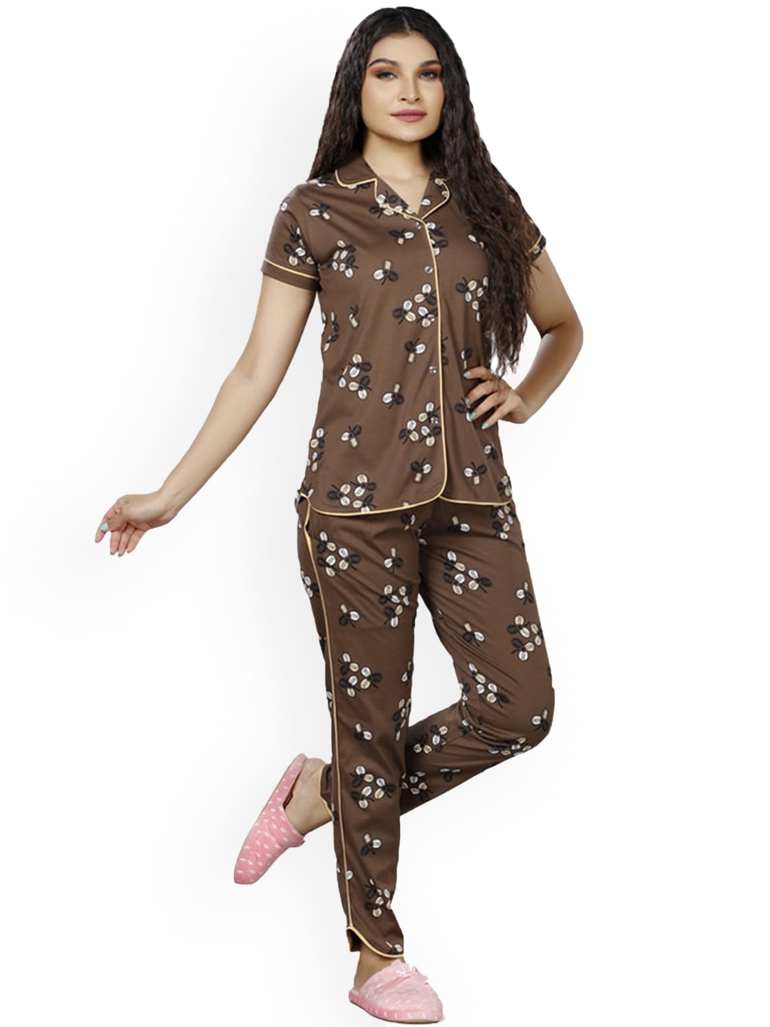 

Foxy Floral Printed Lapel Collar Pure Cotton Night suit, Brown