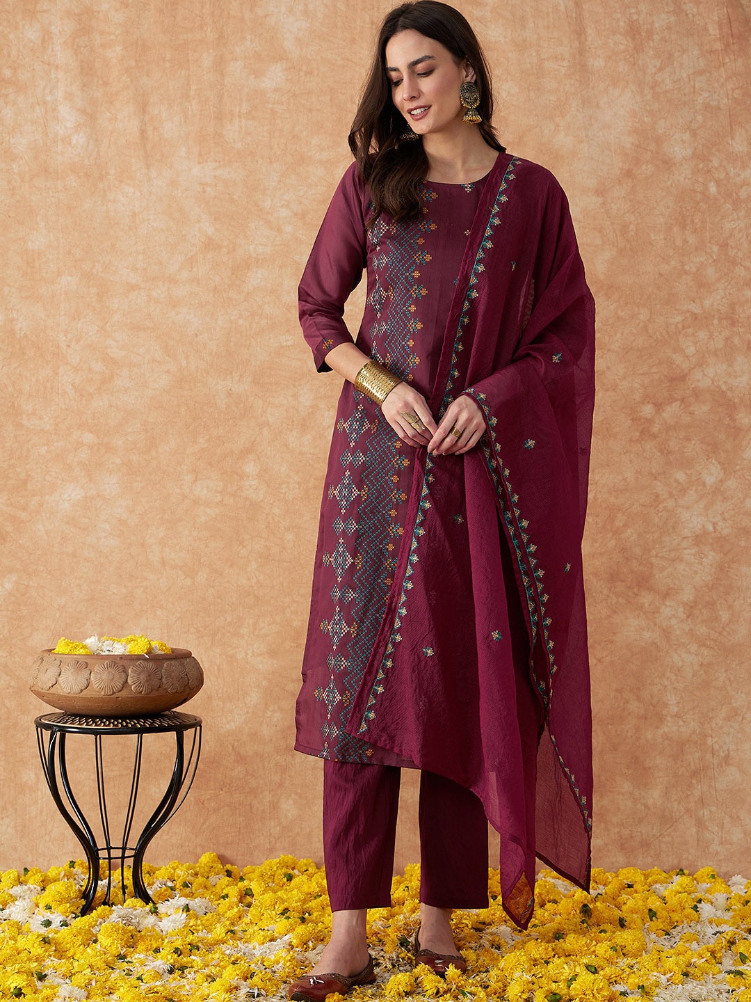 

Sangria Maroon Woven-Designed Straight Kurta With Trouser & Dupatta Set