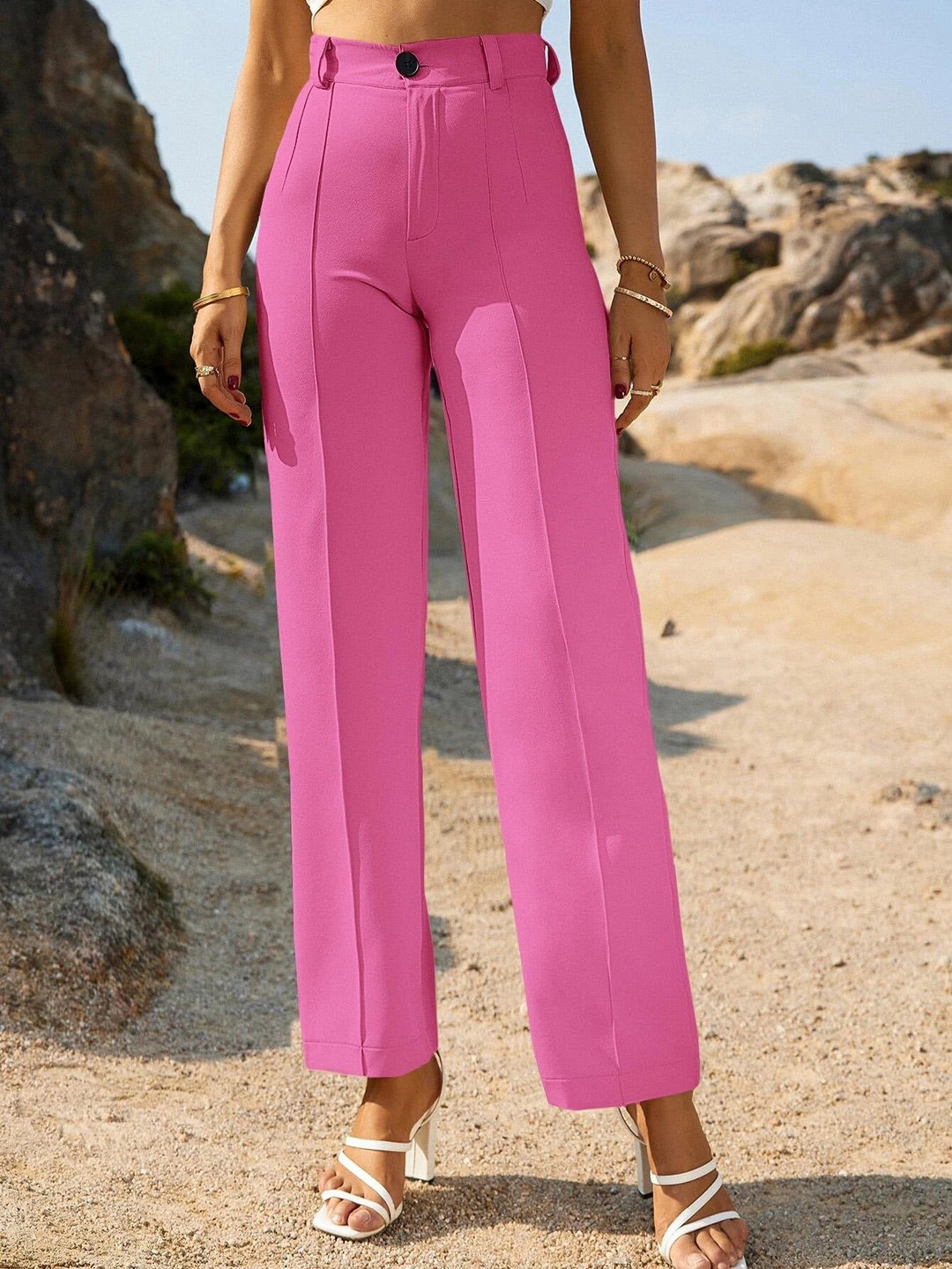 

Kotty Women Pink Relaxed Straight Leg Straight Fit High-Rise Trousers