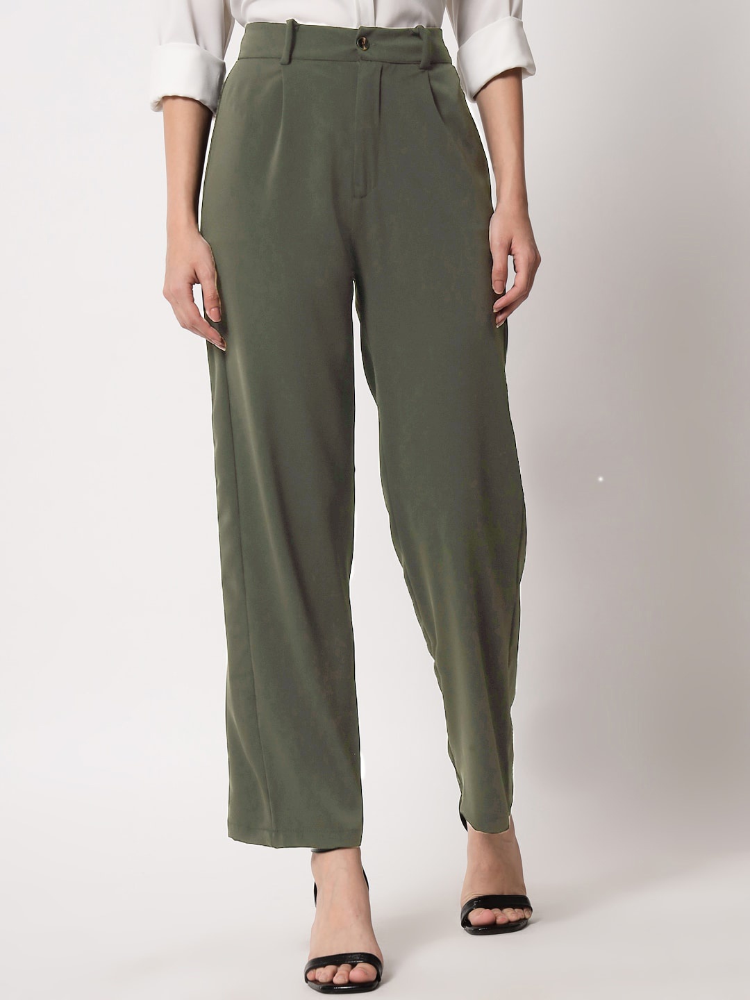 

KOTTY BIZwear Women Green Relaxed Straight Leg Straight Fit High-Rise Trousers