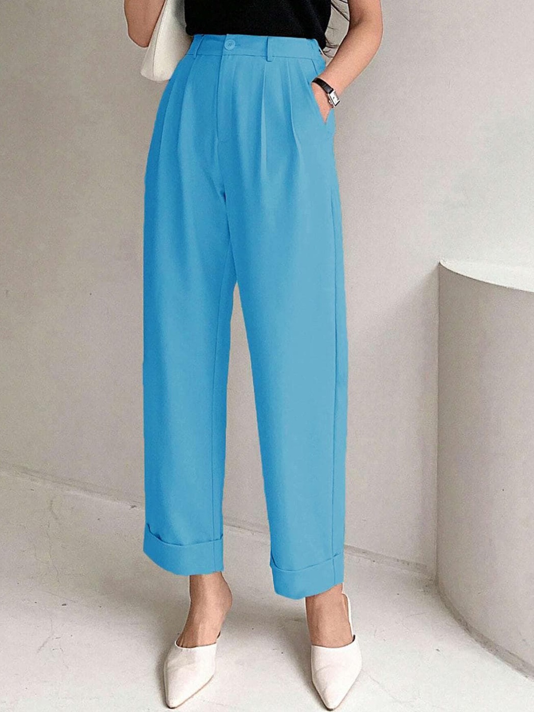 

KOTTY BIZwear Women Relaxed Straight Leg Straight Fit High-Rise Cotton Pleated Trousers, Blue