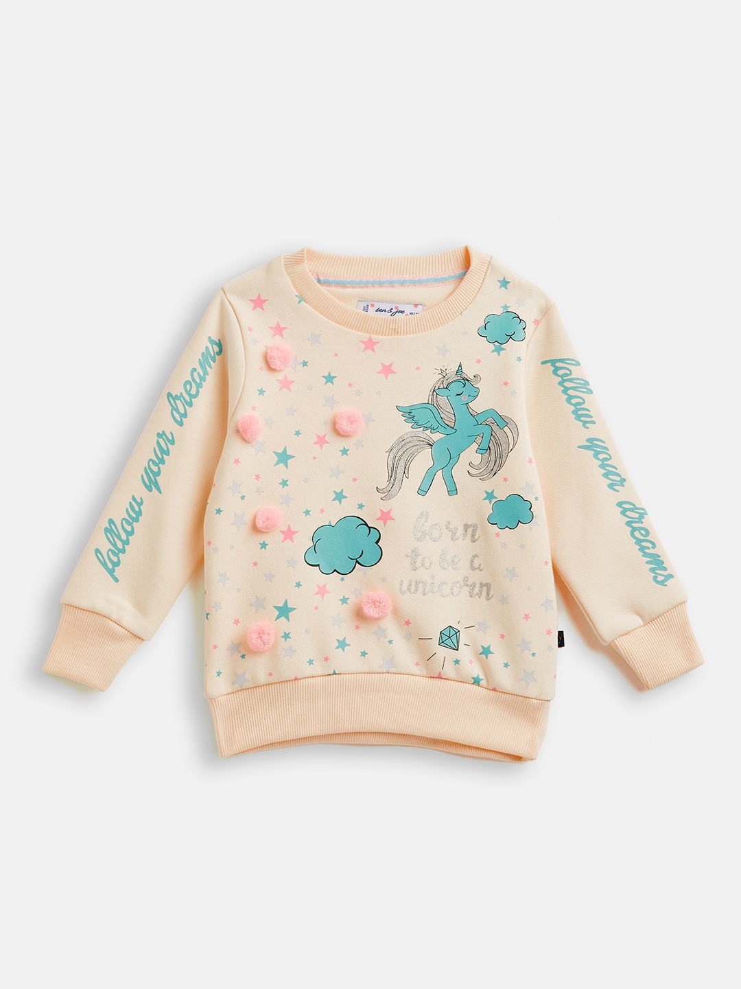 

Ben & Joe Girls Unicorn Printed Round Neck Long Sleeves Fleece Pullover Sweatshirt, Cream