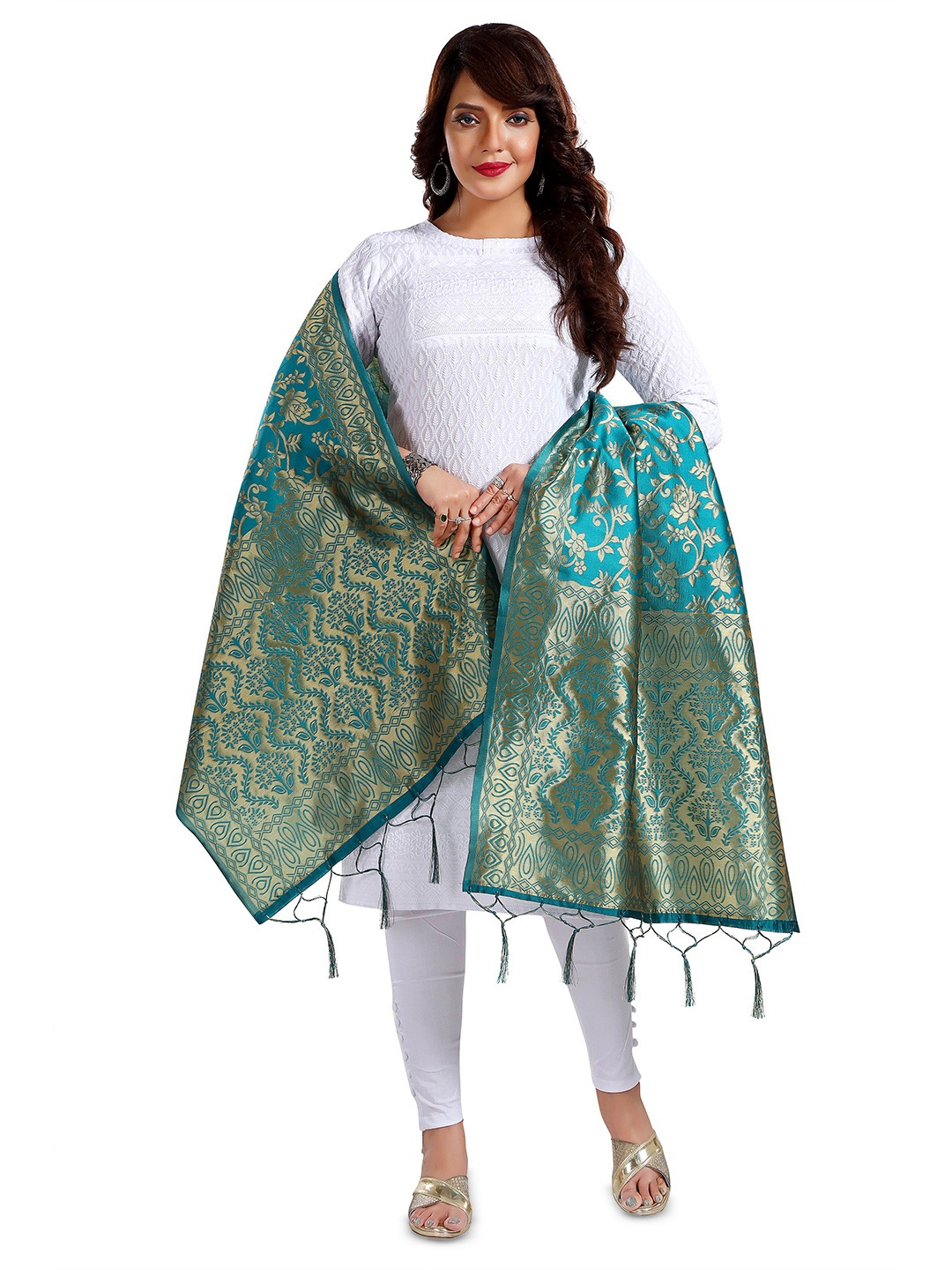

keshubaba Ethnic Motifs Woven Design Zari Dupatta, Green