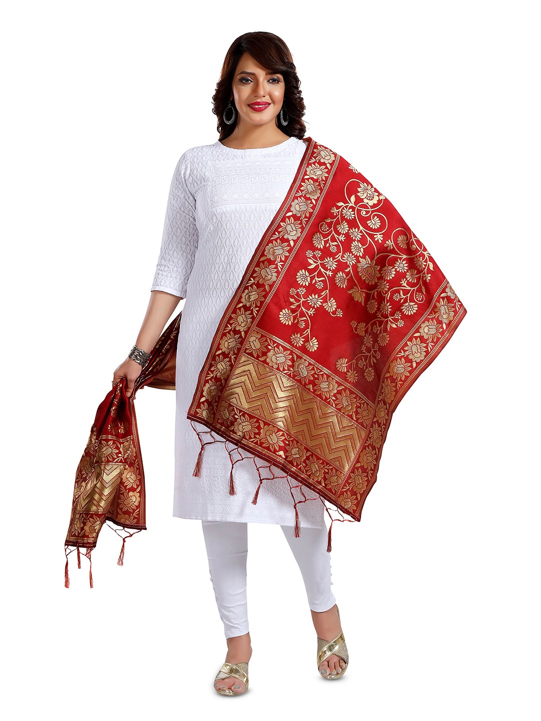 

keshubaba Ethnic Motifs Woven Design Jacquard Zari Dupatta, Maroon