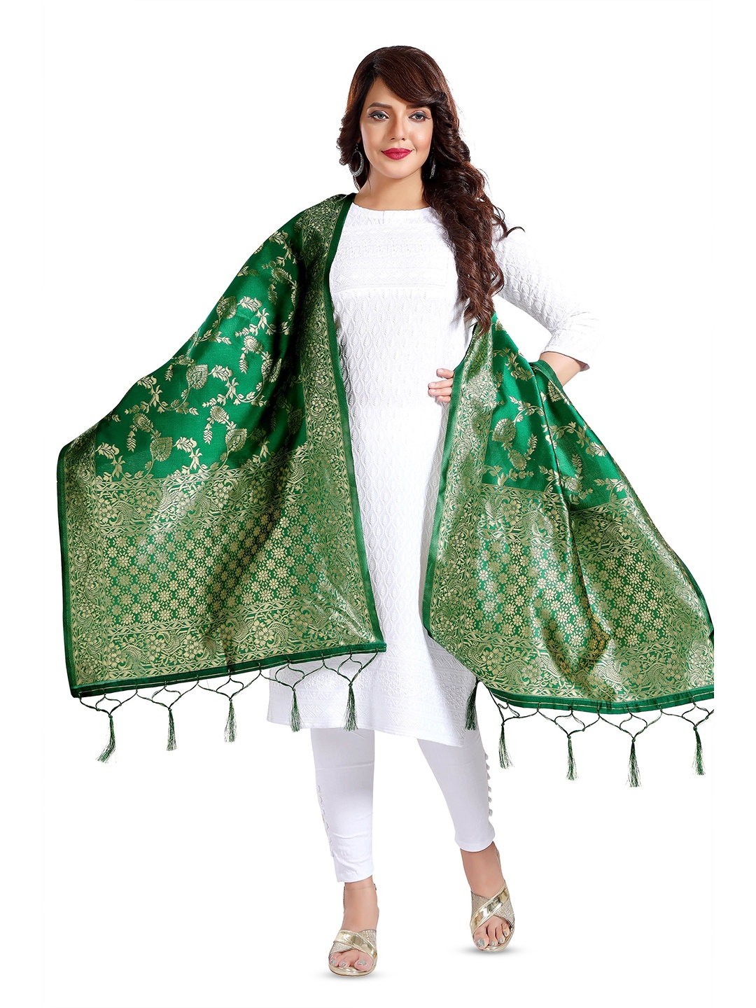 

keshubaba Ethnic Motifs Woven Design Zari Jacquard Dupatta, Green