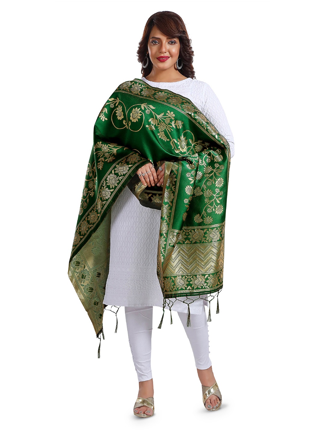 

keshubaba Ethnic Motifs Woven Design Zari Dupatta, Green